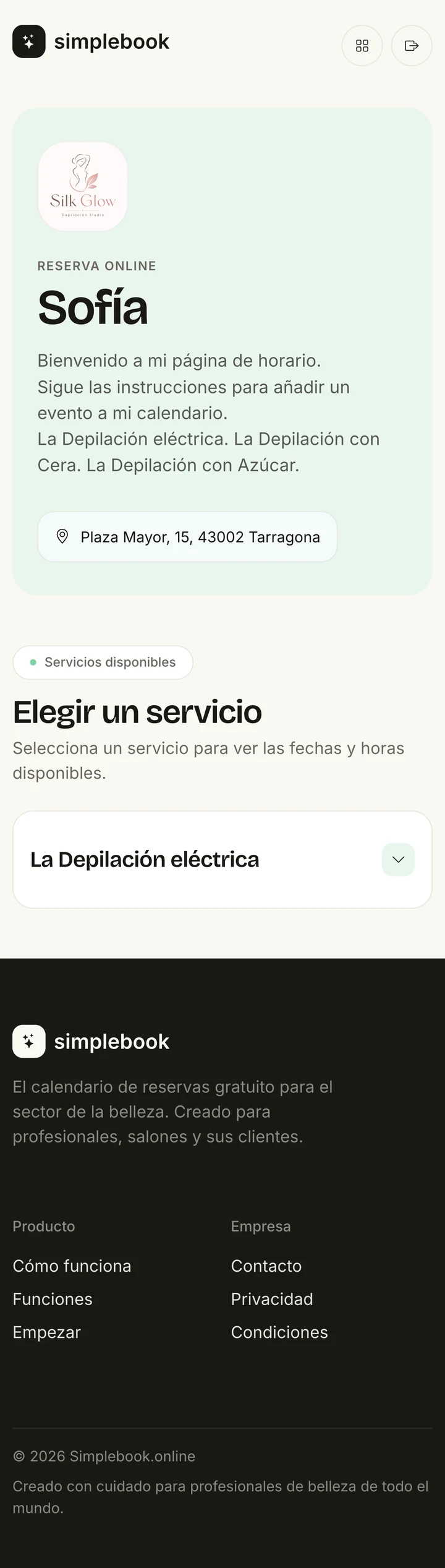 Página móvil de selección de servicios