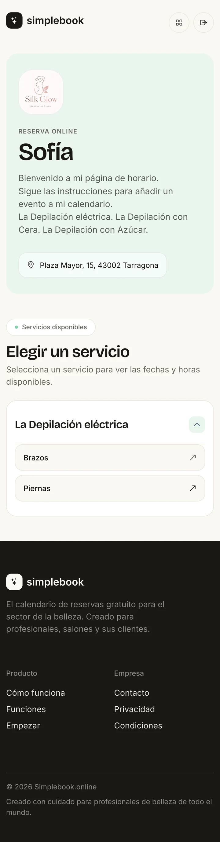 Página móvil de selección de una opción de servicio
